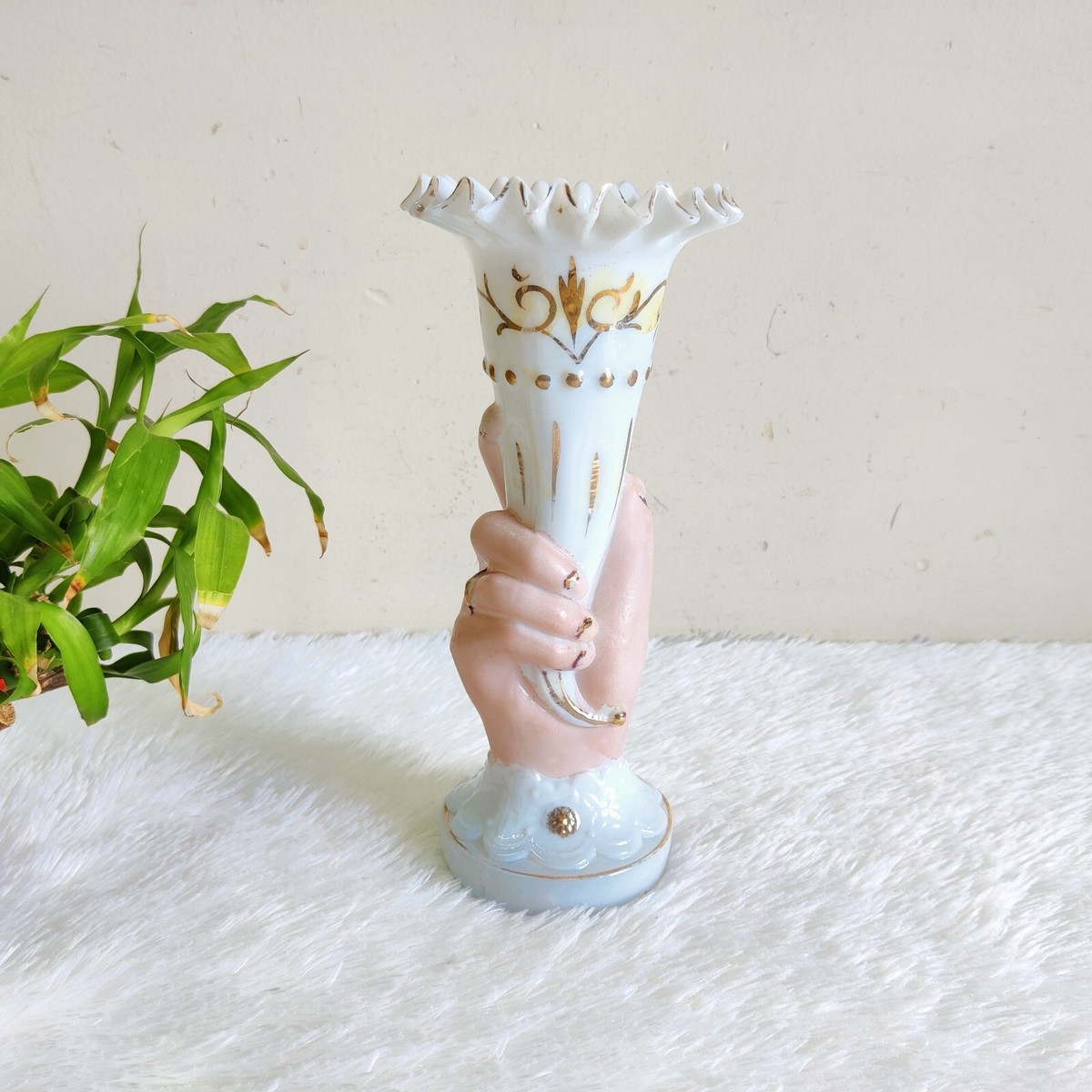 Vintage Hand Shape Enameled White Beige Glass Flower Vase Pontil