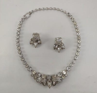 Vintage Signed Eisenberg 16'' Necklace  & Matching Earrings Art Deco Rhinestone