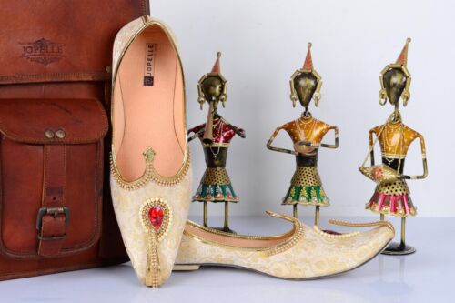 Handgefertigter indischer Bräutigam Mojari Herren Jutti Rajasthan ethnisch flacher Schuh Größe 6-12 UK - Bild 1 von 11