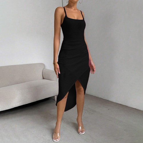 Bodycon-Damenkleid ärmellos quadratischer Ausschnitt Träger Party Schlitz Kleider - Bild 10 von 26