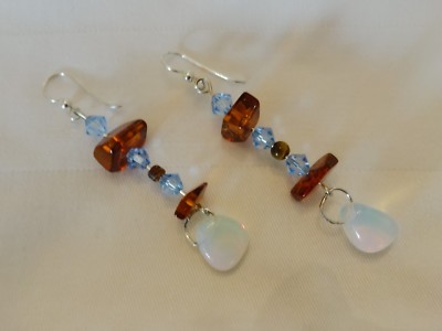 Baltic Amber Dangle Earrings w/Bicone Sapphire Blue Crystals & Opaline Drop