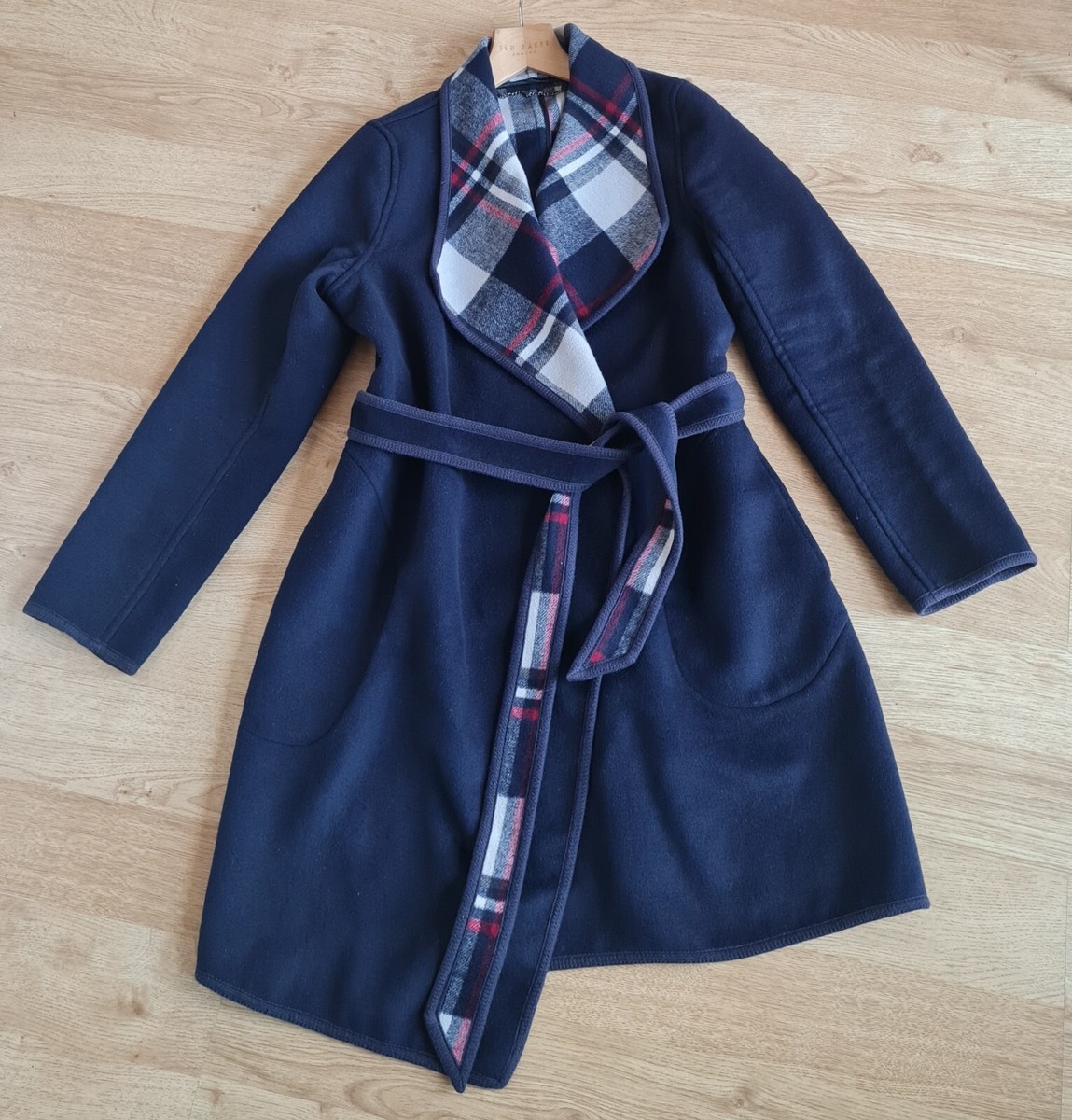 LADIES LAURA ASHLEY NAVY WOOL BLEND WRAP BELTED CHECK COAT SIZE 12