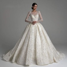 Exquisite Ball Gown Wedding Dresses Long Sleeve Beaded Princess Bridal Gowns-