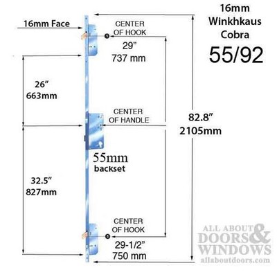 Winkhaus Cobra 16mm SS MPL 2 Hooks 55/92mm Key Operated