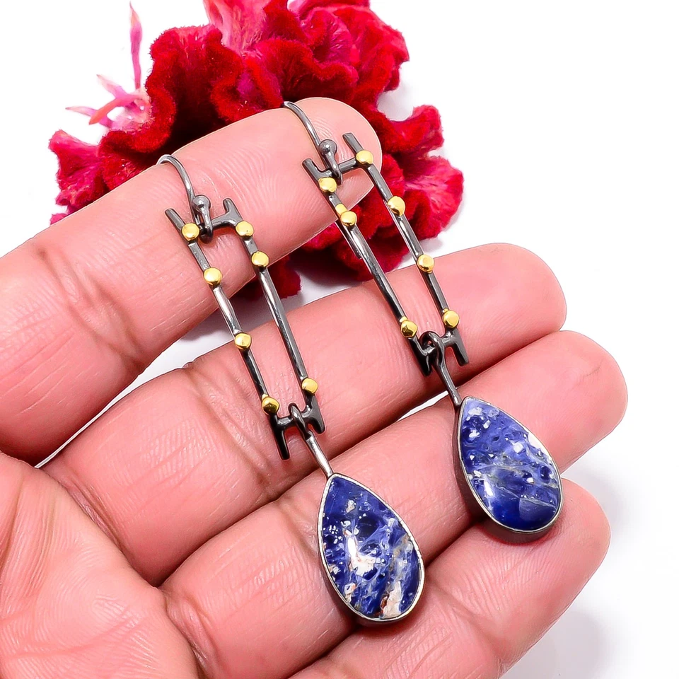 Pendiente Sodalita Plata de Ley 925 Negro y Oro Chapado en Rodio 2.42 Sku18 Foto 4 de 4