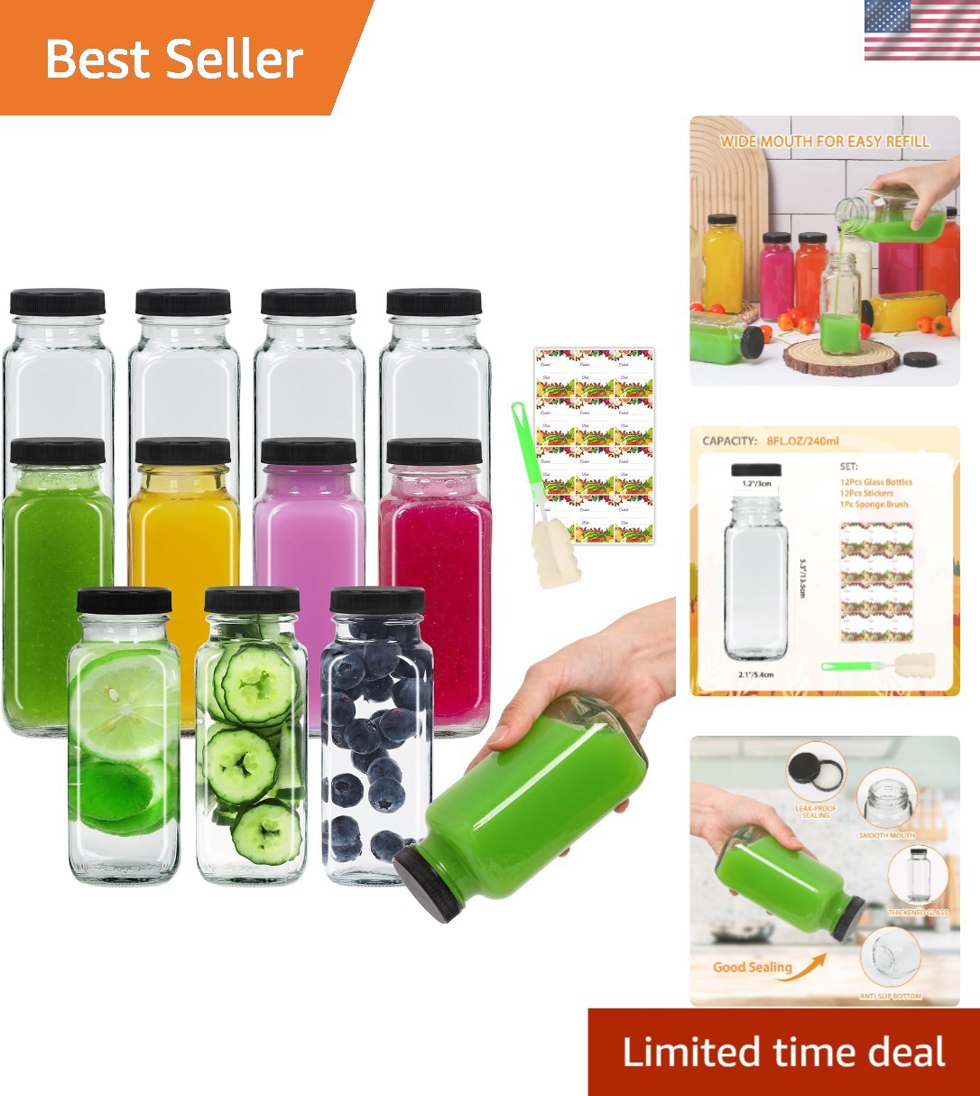 With Lids 12pack, 250ml Glass Bottles For Juicing, Water, ..
