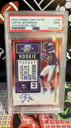 2020 Contenders Optic Justin Jefferson Rookie Ticket Red On Card AUTO /199 PSA 9