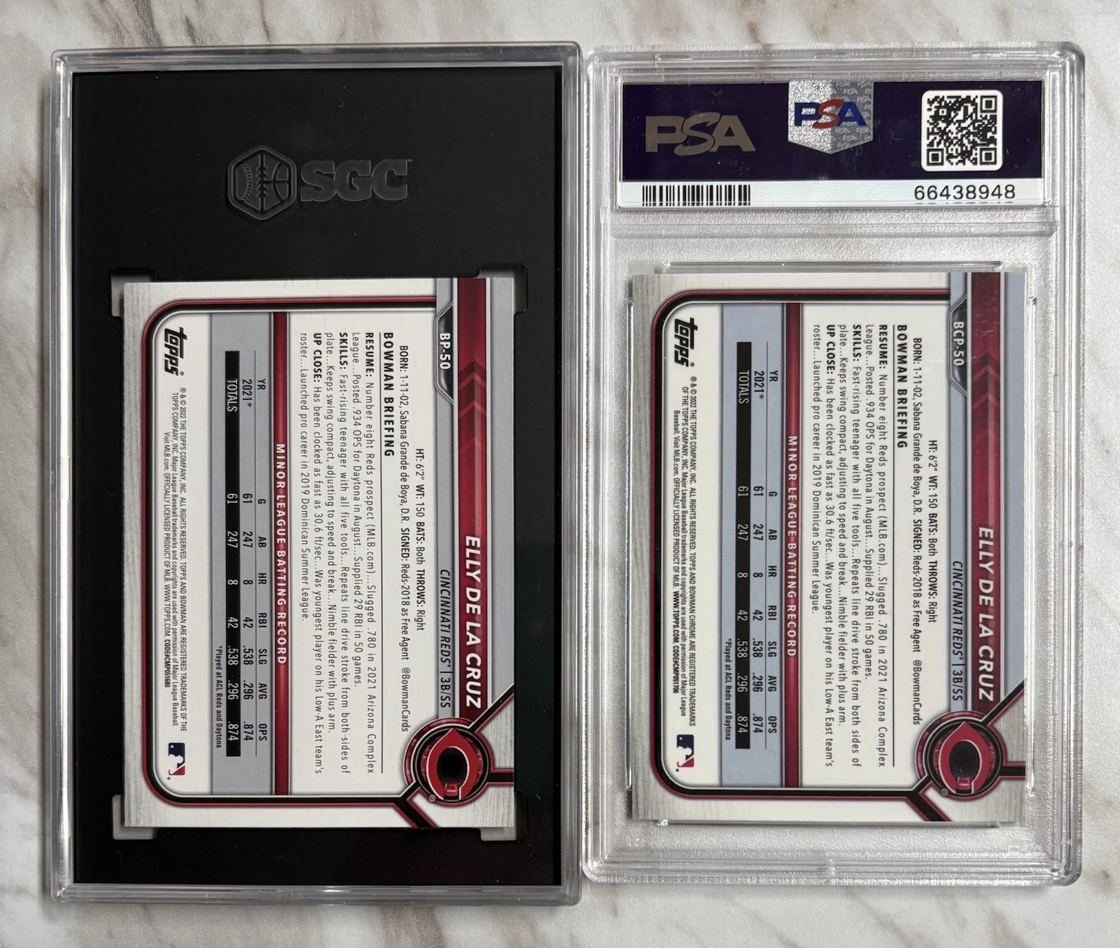 2) 2022 ELLY DE LA CRUZ BOWMAN PROSPECTS / PAPER SGC 10 / CHROME PSA 10 GEM MINT view 2