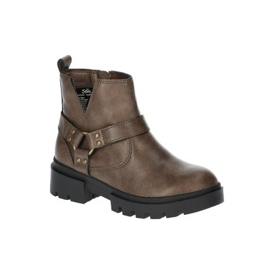 Justice Youth Girls Brown Slip-on Side Zip Faux Leather Moto Boots Shoes: 2