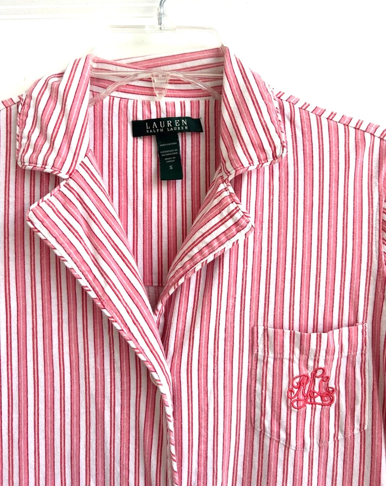Camisa de dormir Lauren Ralph Lauren listrada rosa feminina monograma S 100% algodão sono - Imagem 2 de 4