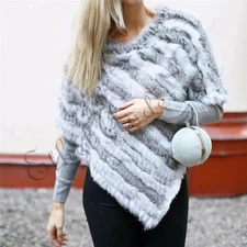 Real Farm Rabbit Fur Knitted Poncho Vest Wrap Shawl Lady Party Wholesale C4