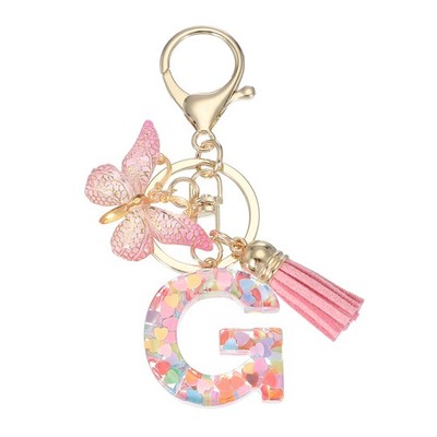 For alphabet keychain letter G cute with pink butterfly pompom charm