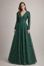 NWT Mac Duggal [ 2 ] 11215 Floral Embellished Long Sleeve ALine Gown Green J2059