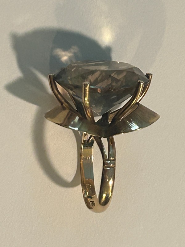 Vintage Solid 14k Gold Huge Retro Smoky Quartz  Cocktail Ring  9.1  Grams Signed