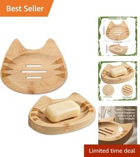 Cute Cat Bamboo Soap Dish Self-Draining for Shower - Tray Holder 1. pack