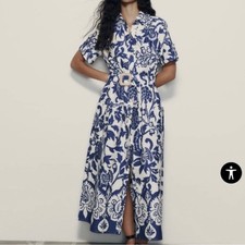 Zara Blue and White Floral Patterned Beach Style Button-Down Midi Dress Size XS