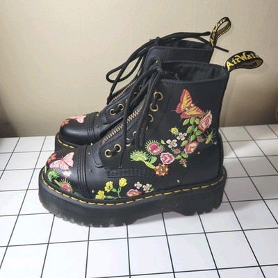 Dr Martens Sinclair Bloom Floral Black Leather Chunky Platform Quad Boot US6/UK4
