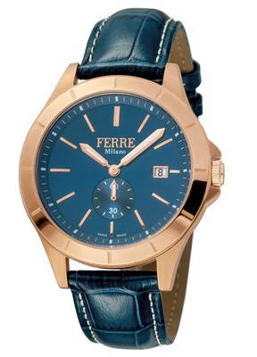 Ferre Milano F1840 Mens Swiss Dark Blue Leather Strap Watch 43 mm