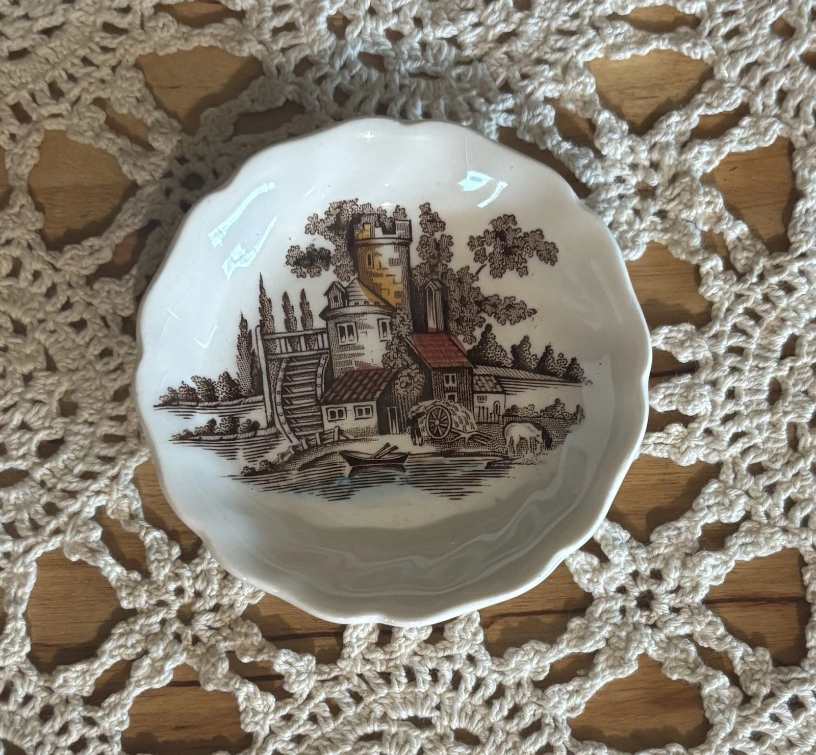 Antique Vintage Ironstone Butter Pat 3” The Old Mill Transferware