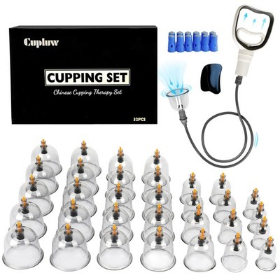 Cupluw Cupping Kit for Massage Therapy - 32 Cups Professional Chinese Clear 