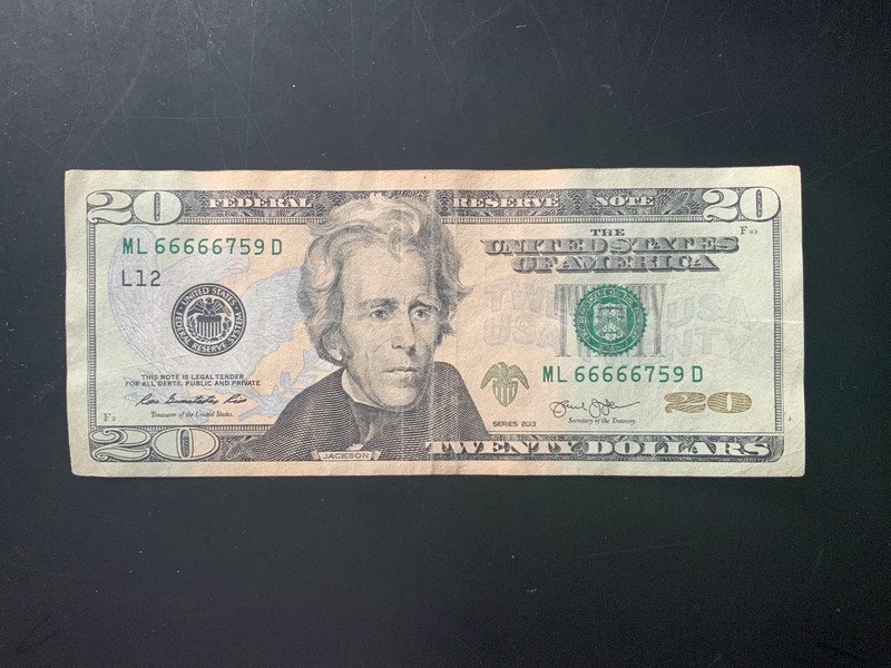 2013 $20 DOLLAR BILL ML66666759D 5-of-a-kind together.