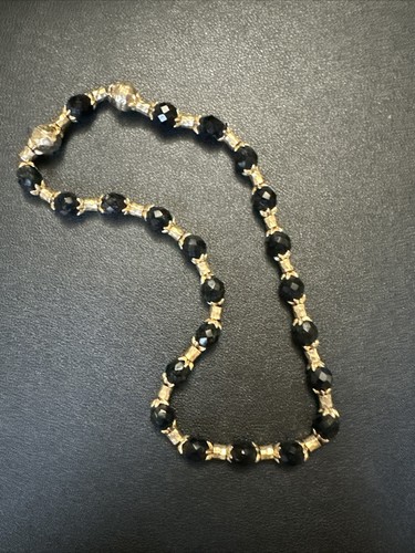 Vtg St John Gold Tone Faceted Black Bead Necklace 16" Signed - Afbeelding 2 van 3