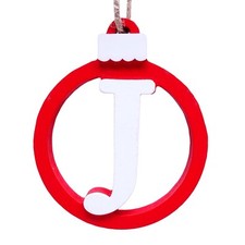 Letter J Holiday Monogram Ornament Xmas Red  White Wood Xmas 4.7"