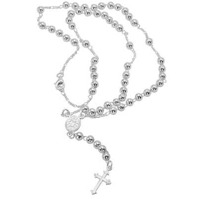 925 Sterling Silver Rosary Necklace 20  Prayer Chain 4mm Beads Cross Medal Mary