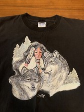 Vintage Native American Woman Wolves Shirt XL Carol Martin Black Made In USA