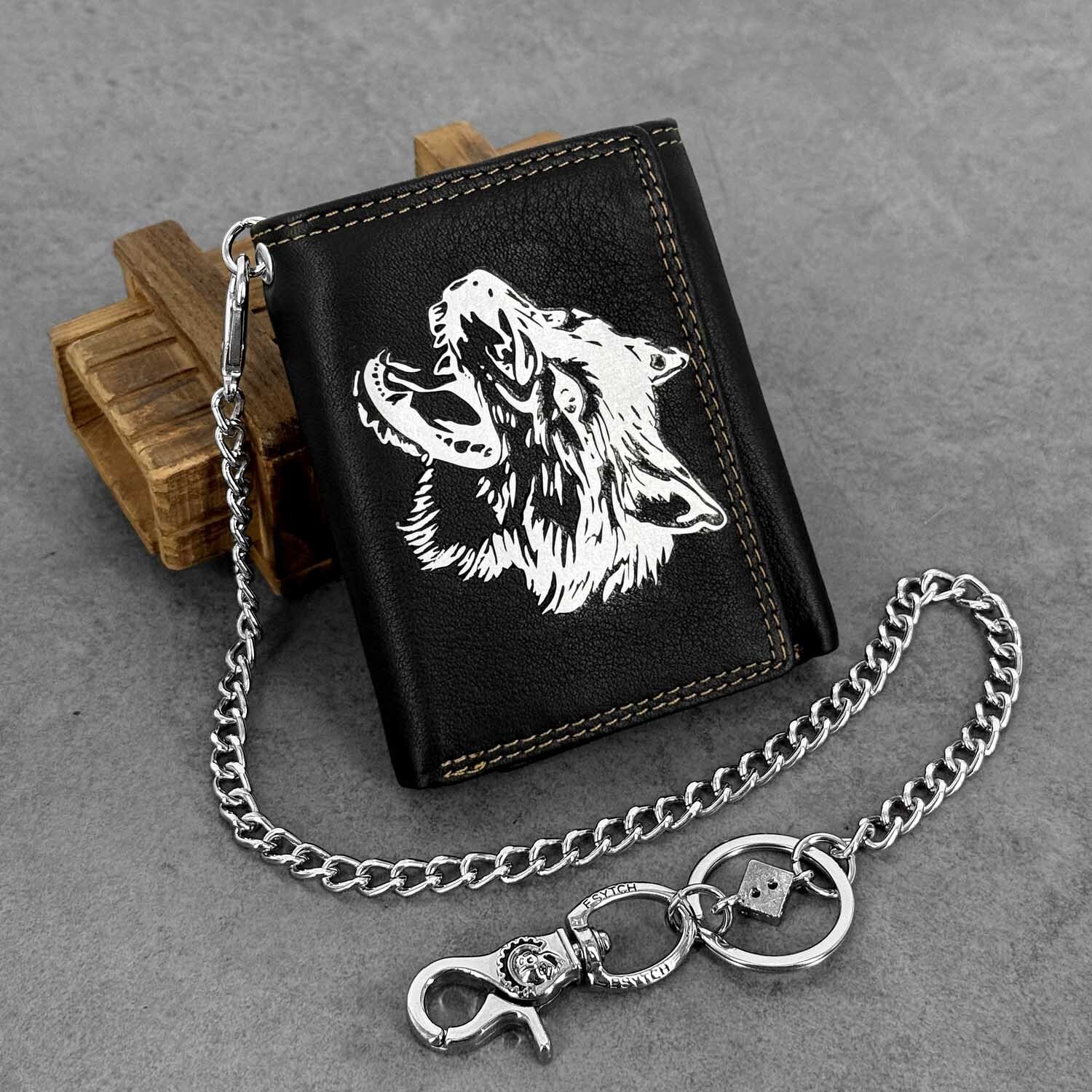 Punk Bike Leather Wallet White Wolf Printed Money with Chain Men's Wallet