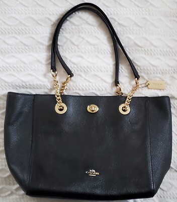 COACH 57107 Turnlock Chain Pebbled Leather Tote Shoulder Bag | eBay