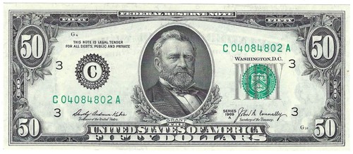 1969A Fifty Dollar Fancy Serial Number Note C04084802A Three pairs 0s 4s 8s - 第 1/2 張圖片