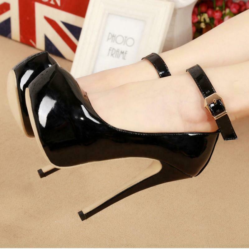 Sexy Zapatos de salón de charol con plataforma de aguja para mujer con correa en el tobillo
