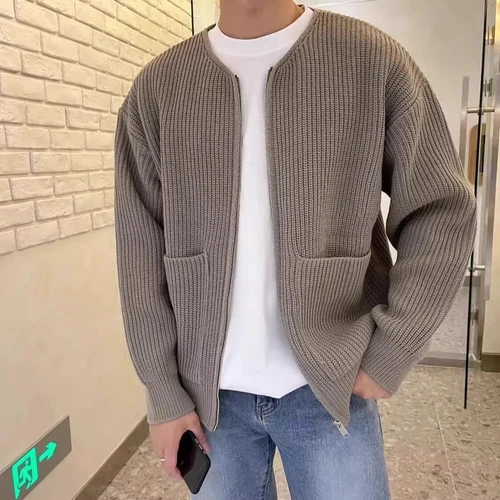 Men Full Zipper Pocket Cardigan Coat Sweater Cardigan Men's Collarless Knitted - Picture 3 of 14