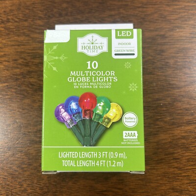New Holiday Time 10 Count LED Multicolor Globe Mini Lights Green Wire 4 FT Long