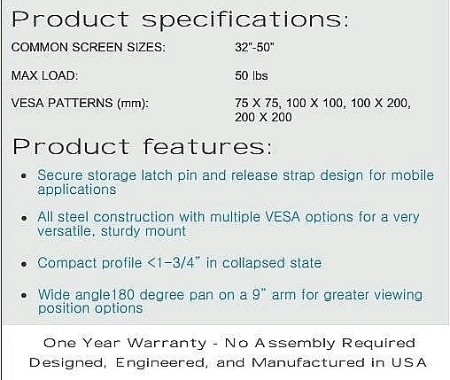 Locking 9" Swing TV Mount, Bracket Upto 200x200mm 50lbs-Great for RV, Samsung-10 - Image 3 of 3