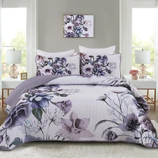Drucon Floral Quilt Set Queen 3 Pieces Boho Purple Quilt Coverlet Set Soft Micro