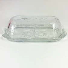 Anchor Hocking Savannah Butter Dish Clear Glass Embossed Flowers Scalloped Edge
