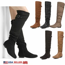 Womens Ladie Thigh High Boots Over The Knee Suede PU Classic Flat Zip Boots