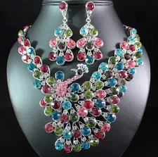 PEACOCK COLORFUL AUSTRIAN RHINESTONE CRYSTAL BIB NECKLACE EARRINGS SET N1616