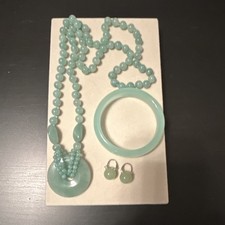 Green Jade Round Shape Necklace, Bracelet, and Earrings Jewelry Set