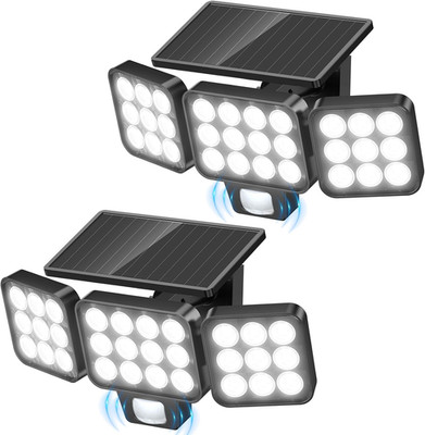 2025 Solar Outdoor Flood Light, 3500LM Bright LED Motion Sensor, 3 Heads, 2Pack