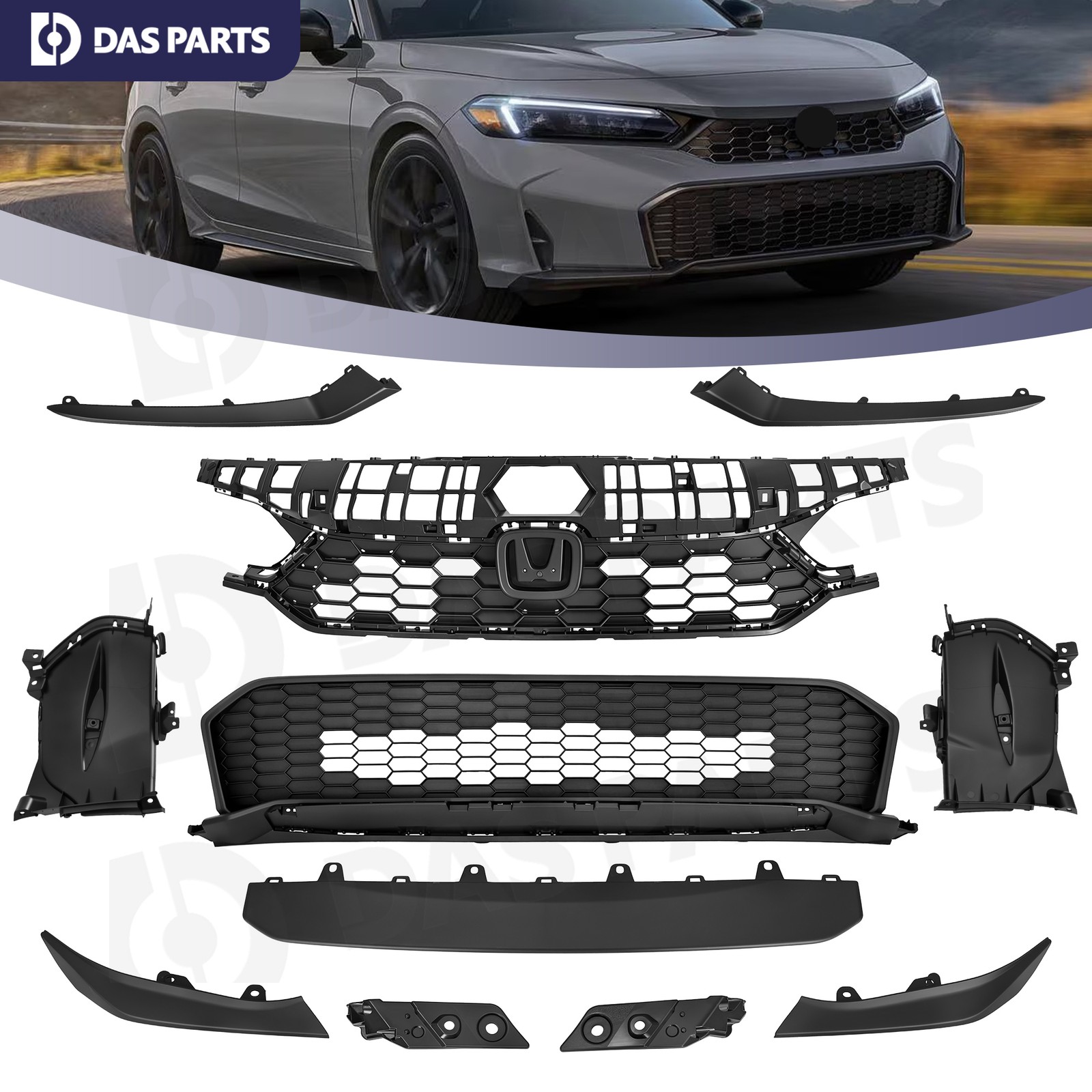For 2025-2026 Honda Civic Front Bumper Grille Kit Matte Black w/Bumper Brackets
