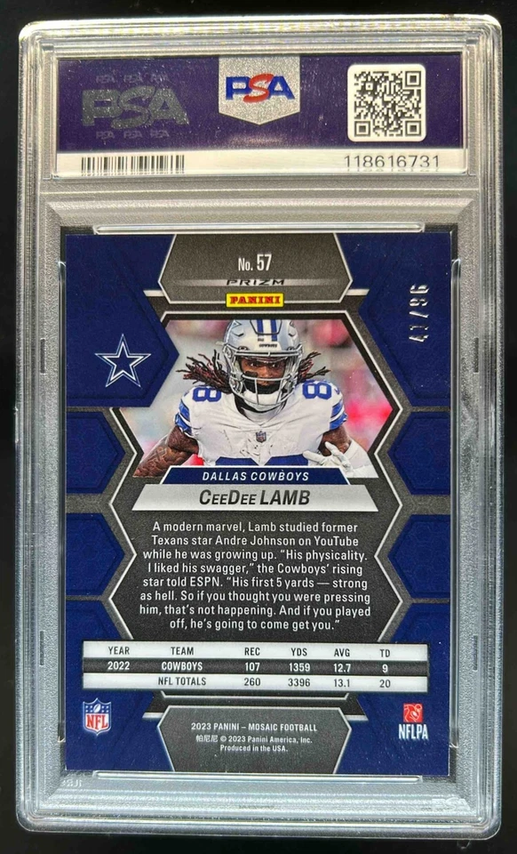 2023 Mosaic CeeDee Lamb Blue Sparkle Prizm #41/96 Cowboys PSA 9 - Image 2 of 2