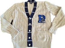 Polo Ralph Lauren Varsity Cotton Cable Knit Cardigan Cream/Navy/Royal Blue Men L