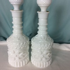 Milk Glass Decanter plus 2 bud vases Lot of 4 items White Glass EPOC