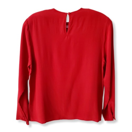 Women Vintage 80s Red Crepe Silk Blouse Top 12 Minimalist Holiday Career Fall , $22.46 - Photo 8