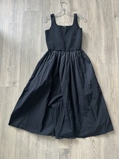 Theory Black Midi Dress Sz L Square Neck Cotton Blend Pleated Skirt $475 Retail