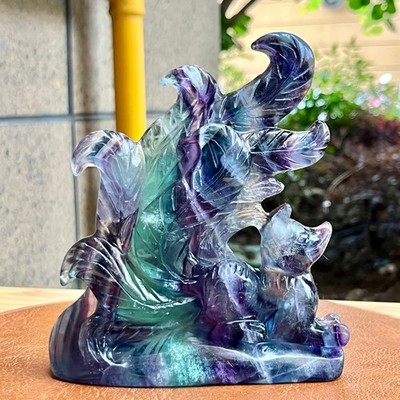 980 g Natural Colorful Fluorite Carved Fox Stone Mineral Specimen for Collector
