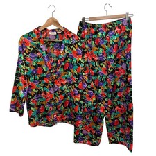 Vintage Victorias Secret Gold Label Satin Pajama Set M Abstract Floral Multi